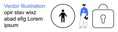 Veri koruması, dijital güvenlik, kimlik doğrulama, teknoloji hizmetleri, hesap koruması, mahremiyet. Bir insan ikonu, profesyonel bir figür ve asma kilit sembolü. Dijital güvenlik ve gizlilik kavramları