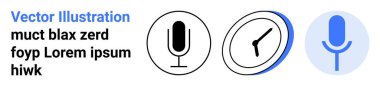 Ses kaydı, ses tanıma, zaman yönetimi, podcast, dijital araçlar, zamanlama. Mavi aksanlı bir mikrofon ve saat simgeleri seti. Ses kaydı ve ses tanıma