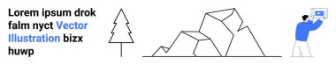 İnce çizgili ağaç, istiflenmiş geometrik taşlar, lorem ipsum metni ve elinde tablet tutan kişi. Sunumlar, takım çalışması, teknoloji, basitlik, manzara yaratıcılığı için ideal basit iniş sayfası