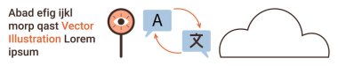 Dil öğrenme, çeviri hizmetleri, bulut depolama, teknoloji, küresel iletişim, veri alışverişi. Çevirisi, bulut simgesi ve gözü olan konuşma baloncukları. Çeviri hizmetleri ve bulut