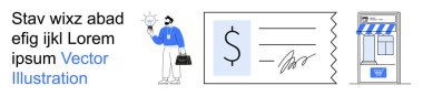 İş yönetimi, finansal işlemler, girişimcilik, küçük işletmeler, ödeme işlemleri, alışveriş. Hesap ve dükkan önü çizilmiş bir adam. İş yönetimi ve mali işlemler
