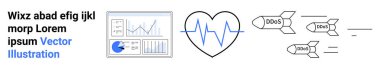 Veri analizi gösterge paneli, kalp atışı hattı ve DDoS etiketli roketler siber güvenliği, veri korumasını ve çevrimiçi tehditleri simgeliyor. Teknolojik farkındalık, siber güvenlik, yazılım analizi ve sağlık için ideal