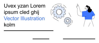 Takım işbirliği, iş akışı optimizasyonu, mühendislik, beyin fırtınası, eğitim, yenilik. İşlem akışını gösteren dişlilere bakan bir kadın. Takım işbirliği ve iş akışı optimizasyonu kavramı