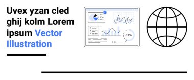 Veri analizi, küresel teknoloji, bilgi sistemleri, dijital trendler, finansal büyüme, küresel iş. Grafik dolu bir torpido gözü ve bir küre. Veri analizi ve küresel teknoloji