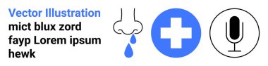 Tıbbi bakım, sağlık semptomları, iletişim araçları, ses kaydı, grip farkındalığı, ilk yardım. Düşük burun, mavi haç ve mikrofon ikonu. Tıbbi bakım ve sağlık belirtileri teması