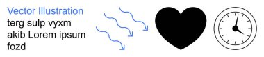 Zaman yönetimi, aşk, hareket akışı, yaşam dengesi, sağlık programı. Siyah kalp saati ve aşağı doğru mavi oklar. Zaman yönetimi ve aşk kavramları. Çizgi benzetmesi. Basit satır simgeleri