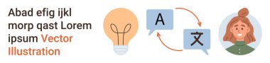 İletişim, çeviri araçları, fikirler paylaşımı, dil eğitimi, yaratıcılık, küresel değişim. Ampul, oklar mesaj köpüğü dil bir kadını simgeliyor. İletişim ve çeviri araçları