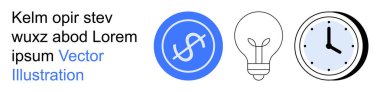 Finans, yenilik, zaman yönetimi, üretkenlik araçları, iş planlaması, yaratıcı düşünce. Mavi dolar ikonu, ampul ve saat. İş kavramları için finans ve yenilik sembolleri