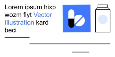 Sağlık, ilaç hizmetleri, ilaçlar, reçeteler, uyuşturucu ambalajları ve sağlık eğitimi. Minimalist tasarım hapları ve bir kap. Sağlık ve İlaç Hizmetleri Konseptleri