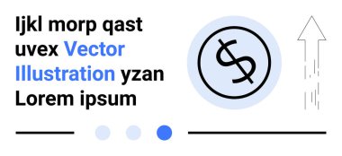 Çemberde dolar sembolü, yukarı doğru ok, stilize metin, noktalar ve çizgiler. Finans, büyüme, iş stratejisi, yatırım tasarruf bankacılığı için ideal ekonomi kavramları basit iniş sayfaları