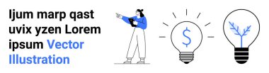 Mavi renkli minimalist aksanlı cesur metni işaret eden bir kadın. Finansal büyüme ve sürdürülebilirliği sembolize eden ampullerin yanında. Yaratıcılık, yenilik, teknoloji ve eğitim için ideal