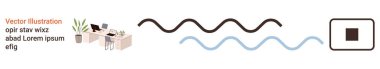İş yeri organizasyonu, iç tasarım, grafik tasarım, yaratıcılık, modern vektör elementleri, modeller. Dalgalı çizgileri ve geometrik şekilleri olan düzenli masa çalışma alanı. İşyeri organizasyonu