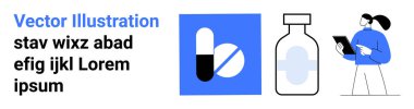 Sağlık, eczane, ilaç, tıbbi hizmetler, ilaç reçetesi, eczane. İlaç hapları, elinde pano tutan bir şişeci. Vektör tasarımında sağlık ve eczane kavramı