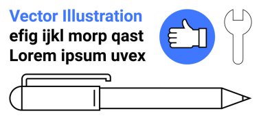 Tasarım, yaratıcılık, iş araçları, çalışma alanı, iletişim, geri bildirim. Yer tutucu metnin yanında başparmak simgesi ve ingiliz anahtarı sembolü olan kalem ana hatları. Tasarım ve yaratıcılık görsel olarak