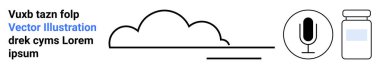 Bulut deposu, dijital kayıt, veri yönetimi, iletişim teknolojisi, asgari simge tasarımı, yazılım çözümleri. Temiz çizgi sanatında minimalist bulut, mikrofon ve kavanoz sembolleri. Bulut deposu