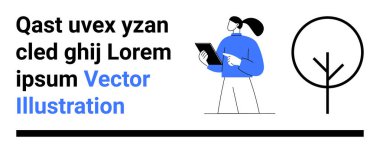 Eğitim, dijital öğrenme, teknoloji yeniliği, kullanıcı arayüzü, web tasarımı, modern iletişim. Ağaçlı tablet tutan minimalist kadın. Eğitim ve dijital öğrenme kavramları