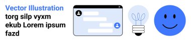 Dijital iletişim, yaratıcı fikirler, takım çalışması, yenilik, kullanıcı arayüzü, çevrimiçi etkileşim. Sohbet arayüzü, ampul ve düz bir dizaynda gülümseme simgesi. Dijital iletişim ve yaratıcı fikirler