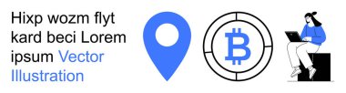 Kripto para birimi, uzaktan çalışma, dijital ekonomi, teknoloji, yer belirleme, engelleme. Bitcoin sembolü, harita işaretleyici ve dizüstü bilgisayarı olan biri. Kripto para birimi ve uzaktan çalışma konsepti