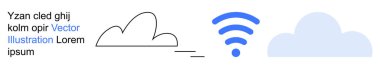 Veri depolama, kablosuz iletişim, bulut hesaplama, internet erişilebilirliği, çevrimiçi veri paylaşımı, dijital platformlar. Grafik iyonunda basit bulut ve kablosuz simge. Bulut hesaplama ve kablosuz