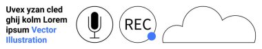 Ses kaydı, ses depolama, bulut bilgisayarı veri paylaşımı, dijital hizmetler, iletişim teknolojisi. Mikrofon simgesi, REC sembolü ve bulut grafiği. Ses kaydı ve bulut hesaplaması