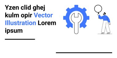 Mavi dişli ve İngiliz anahtarı sembolü, yer tutucu metnin yanında, balon tutan figür, asgari tarzda. Teknoloji, problem çözme, takım çalışması, hizmetler, yaratıcılık, yenilik için ideal basit iniş sayfası