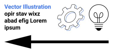 Yenilik, yön, takım çalışması, problem çözme, verimlilik, yaratıcılık. Vites, ampul oku ve beyaz arkaplanda yer tutucu metin. Yenilik ve yön görsel olarak