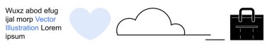 Aşk, depolama, iş, iş, minimalizm, semboller. Mavi bir kalp, bir bulut çizgisi ve yanında yer tutucu metni olan siyah bir evrak çantası. Aşk ve depolama kavramı