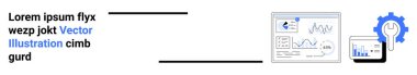 İş stratejisi, analitik araçlar, otomasyon, veri görselleştirme, iş akışı optimizasyonu, teknoloji. Çizelgeler ve vites simgesi. Veri görselleştirme ve iş stratejisi kavramı