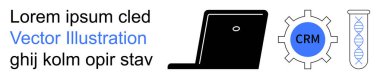 Dijital pazarlama, iş sistemleri, genetik araştırma, veri analizi, teknolojik çözümler, bilimsel operasyonlar. Bir laptop, CRM dişli ikonu ve bir DNA sembolü. Dijital pazarlama ve iş sistemleri kavramı