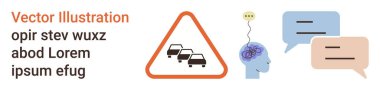 Trafik güvenliği, karar verme, iletişim, psikoloji, sinirsel aktivite, yol dinamiği. Arabalarla ilgili uyarı işareti, beyin ve diyalog kutularıyla dolu insan kafası. Trafik güvenliği ve karar verme teması
