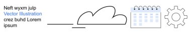 Bulut hesaplama, teknoloji planlaması, veri organizasyonu, görev yönetimi, işlem otomasyonu, iş akışı entegrasyonu. Bulut, takvim ve teçhizat ikonu. Bulut hesaplama ve teknoloji planlaması