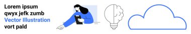 Bulut hesaplama, yenilik, eğitim, yaratıcı problem çözme, bilgi paylaşımı, dijital kavramlar. Yazan bir insan, beyin şeklinde bir ampul ve bulut simgesi. Bulut hesaplama ve yenilik
