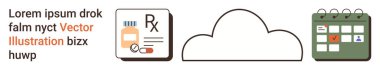Sağlık, bulut depolama, eczane yönetimi, dijital takvim, veri erişilebilirliği, ilaç hatırlatıcısı. Reçete simgesi, bulut çizgisi ve takvim sembolü. Sağlık ve bulut depolama