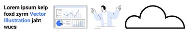 Grafikli grafikler, veri içgörüsü sunan kişi ve bir bulut simgesi. Teknoloji, iş analizi, bulut depolama, istatistik, dijital strateji, basit iniş sayfası için ideal