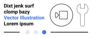 Çalma düğmeli video simgesi, araçlar için anahtar simgesi, metin tutucular ve yön bulma noktaları. Teknoloji, medya, özelleştirme, hizmet ve tasarım için ideal basit iniş sayfası