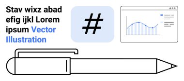 Tarayıcı penceresinde meta veri etiketi simgesi, analitik grafik, kalın metin ve kalem. İçerik stratejisi, analitik, sosyal medya, yazı, teknoloji eğitimi için ideal basit iniş sayfası
