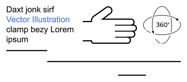 Communication, navigation, technology, direction, user interface, abstract design. A hand gesture alongside a 360-degree orbiting arrow and placeholder texts. Communication and navigation concept