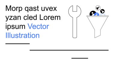 Veri analizi, tasnif sistemleri, tamir araçları, optimizasyon, bilgi filtreleme, dijital işlemler. İngiliz anahtarı ve huni siyah ve mavi küreleri tutuyor. Veri analizi ve filtreleme kavramı