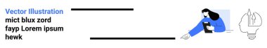 Eğitim, yenilik, yaratıcı süreçler, takım çalışması, bilgi paylaşımı, fikir üretimi. Elinde bir defter tutan kadın, beyninde illüstrasyon olan bir ampul. Eğitim ve yenilik kavramı