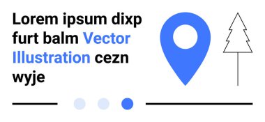 Soyut ağacın, yer tutucu metnin ve modern minimalist tarzdaki tasarım elemanlarının yanında yer belirleme iğnesi. Konum hizmetleri için ideal, doğa, navigasyon, seyahat, haritalar, minimalizm basit iniş sayfası
