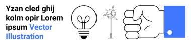 Sürdürülebilir enerji, yenilenebilir kaynaklar, yenilik, enerji tasarrufu, çevre dostu teknoloji, takım çalışması. Bir ampul, rüzgar türbini ve yumruk sembolü. Sürdürülebilir enerji ve yenilenebilir kaynaklar