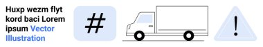 Uyarı üçgeni ve lojistik, güvenlik, iletişim, markalaşma, yol ulaşımı ve içerik temaları için meta veri etiketi ikonu ile birlikte teslimat kamyonu. Nakliye uygulaması, uyarı sistemleri ve pazarlama için ideal