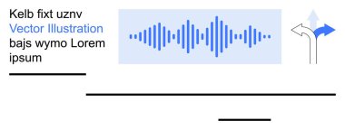 Ses işleme, iletişim, karar verme, yön bulma, ses analizi, multimedya tasarımı. Metin ve oklu mavi ses dalgası simgesi. Ses işleme ve iletişim konsepti