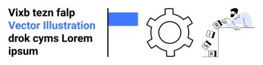 İşadamı risk bloklarını bir vites yakınına yerleştirir, planlama ve sorun yönetimini sembolize eder. Strateji, yenilik, karar verme, süreç analizi, işbirliği, risk yönetimi için ideal, basit