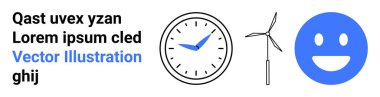 Zaman yönetimi, yenilenebilir enerji, çevre dostu çözümler, mutluluk, sürdürülebilirlik ve yaratıcı tasarım. Saat, rüzgar türbini çizgisi ve mavi gülen yüz. Zaman yönetimi ve yenilenebilir enerji