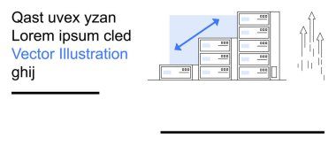 İş büyümesi, teknoloji altyapısı, sunucu yönetimi, bulut hesaplaması, veri analizi, ilerleme görselleştirme. Oklarla ve büyüme grafiğiyle dolu sunucu rafları. İş büyümesi