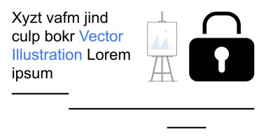 Grafik tasarım, çevrimiçi öğrenme, yaratıcı içerik, güvenlik, eğitim ve bilgi güvenliği. Kompozisyonda metin, resim sehpasında tuval ve asma kilit simgesi bulunur. Yaratıcı içerik ve güvenlik