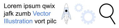 Yenilik, keşif, yaratıcılık, araştırma, teknoloji, keşif. Roket, büyüteç ve vitesler temiz bir arkaplanda. Yenilik ve keşif odaklı tasarım konsepti