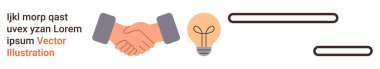 Takım çalışması, yaratıcılık, ortaklıklar, iş çözümleri, fikir paylaşımı, iletişim. Ampul simgesi ve soyut metin elementleriyle tokalaşma sembolü. Takım çalışması ve yaratıcılık kavramı