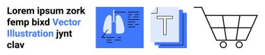 Sağlık, metin organizasyonu, online alışveriş, veri yönetimi, perakende teknolojisi, akciğer sağlığı. Akciğerli mavi belge, alışveriş arabası ikonu. Sağlık ve online alışveriş